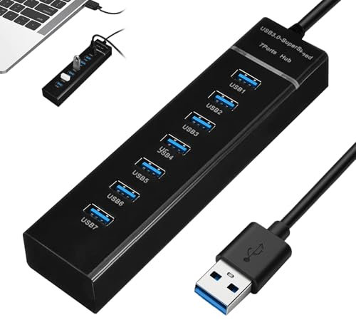 Huybaa 7 Port Hub USB 3.0, Aluminium Hub USB avec 180cm Câble pour PC Bureau, USB Adaptateur Multiport avec USB 3.0 5Gbps,Type-C pour PC, Laptop, Souris, Disque U, Clavier 1.8m