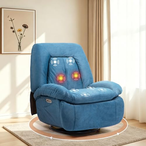 ALEAVIC Poltrona relax elettrica per massaggio, riscaldamento vibrazionale, girevole con connettori tipo C e USB, 1 tasche laterali, poltrona reclinabile per TV, soggiorno (Blu)