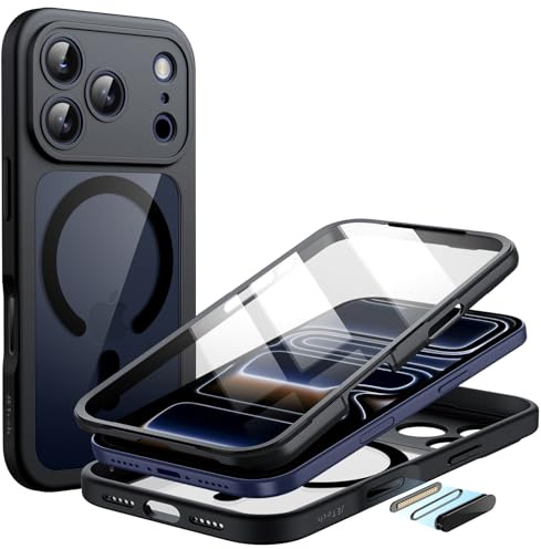 JETech Coque pour iPhone 17 Pro 6,3 Pouces avec Protection D'écran en Verre Trempé Intégrée et Bouton de Contrôle de Caméra, Compatible avec MagSafe, Étui Housse Intégrale à 360 Degrés (Noir)