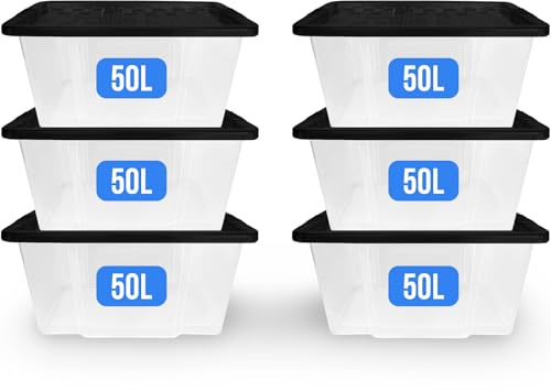 KAPCO Large Storage Boxes with Lids 50 Litre (6 Pack) – Heavy Duty Stackable Plastic Container | Durable & BPA Free | Ideal for Clothes, Toy Storage, or Garage Organisation | 50L (Set of 6) | Bulk Buy