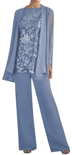 3 Pieces Mother of The Bride Pant Suits Lace Chiffon Formal Pantsuits with Jackets for Women Evening Wedding Party Dusty Blue