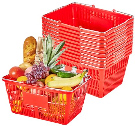 VEVOR Cestas de la Compra Apilables, Plástico PE, 21 L, con Asas Metálicas, Estructura de Malla Densa, Carga 9,07 kg, para Supermercados, Tiendas, Tiendas Minoristas y Uso Doméstico, Rojo, 12 uds