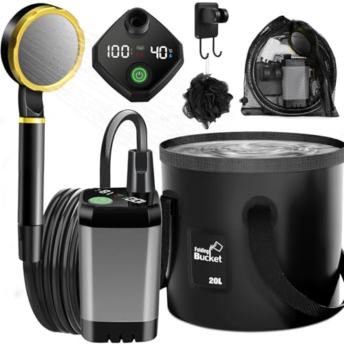 ITMNMNL Doccia da Campeggio,Ricaricabile 6000mAh Doccia Ricaricabile Portatile,Doccia Portatile,Doccia Campeggio con Display Digitale a LED e Secchio Pieghevole,per All'aperto,Campeggio,Spiaggia