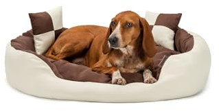 lionto Hundebett 4-in-1 mit Wendekissen aus robustem Oxford, 85x70 cm, Heimtierkissen Kratzfest mit tiefem Einstieg für Katzen und Hunde Aller Größen, inkl. Zierkissen, wasserabweisend, braun/beige