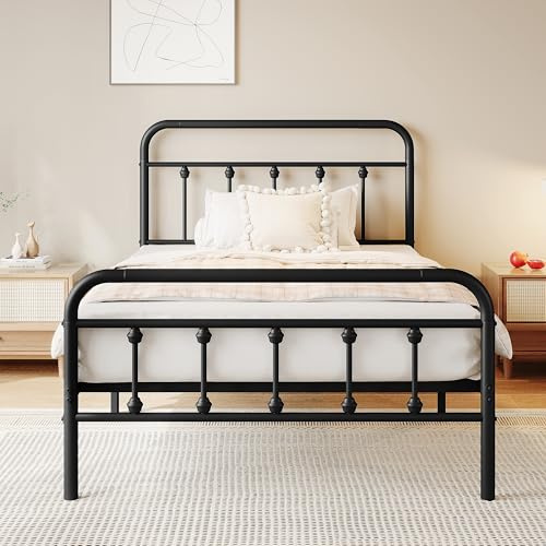 zunatu Twin Size Metal Bed Frame, Victorian Style Headboard and Footboard
