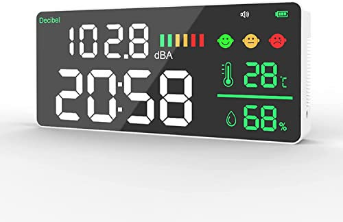 Sonometro Digita 30-130dBA, Kethvoz 4 en 1 Medidor de Decibelios Mide Volumen Humedad Temperatura, Decibelímetros con Pantalla 11LCD, Para Hogar, Oficina, Fábrica