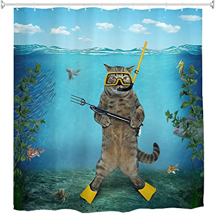 goodbath Katze Duschvorhang,Ozean Unterwasserwelt Duschvorhänge Anti Schimmel Stoff wasserdichte Bad Vorhänge für Badezimmer mit 12 Haken, 180x200 cm, Hellblau