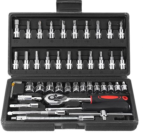 Vaileal Juego de 48 llaves de vaso: carraca con llave de carraca de 1/4, barra métrica y de extensión, caja de carraca para reparación de coches y mantenimiento del hogar