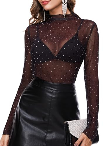 BBX Lephsnt Womens Layering Top Sheer Mesh Long Sleeve Shirts Mock Neck See Through Sparkle Tee Shirt Black