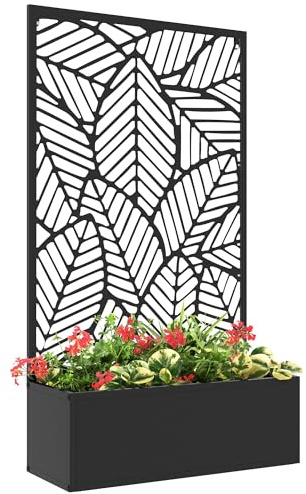 Outsunny Jardinera Exterior Grande de Metal Jardinera con Pantalla de Privacidad de Hojas Decorativas Jardinera de Pared o Independiente para Patio Terraza 61x23x113 cm Negro
