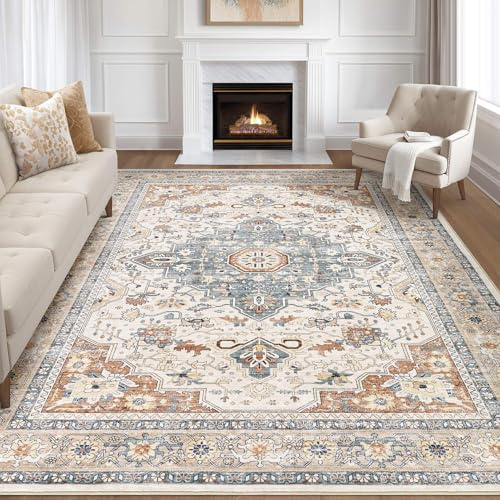 LOONGRUG 10x14 Area Rugs Washable Vintage Boho Living Room Rug Beige Blue
