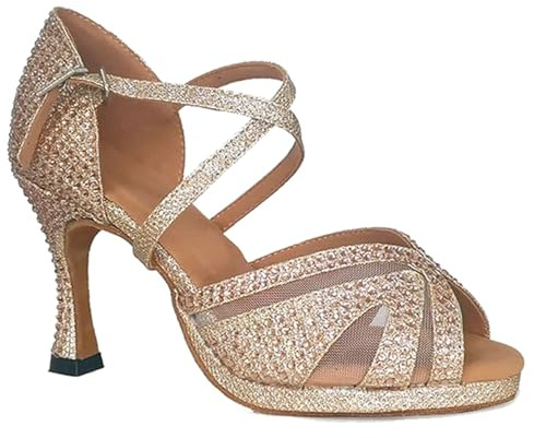 MINITOO Zapatos de baile latinos con plataforma de salsa para mujer, con diamantes de imitación, sandalias de boda, X502 Gold 9 cm Tacón, 37 EU