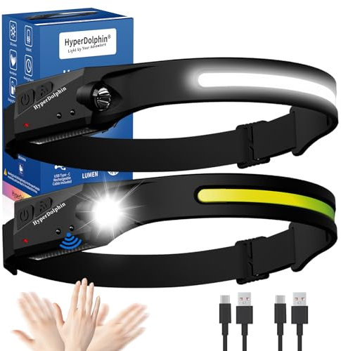HyperDolphin Stirnlampe LED Wiederaufladbar, Kopflampe mit Breitstrahl Stirnleuchte Aufladbar, adventure light, 230 grad, usb c, 350 Lumen, 5 Modi, Bewegungssensor, Wasserdicht, Angeln (2)