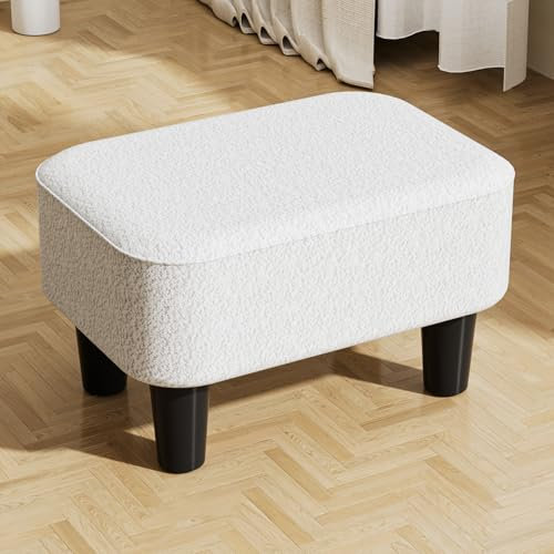 FiveWillowise Fußhocker Sitzhocker, Teddy Samt Fußbank mit Kunststoffbeine, Rechteckig Ottoman, Kleiner Gepolsterte Pouf Hocker, Fußstütze für Wohnzimmer, Schlafzimmer, B42/T29/H23cm, Weiß