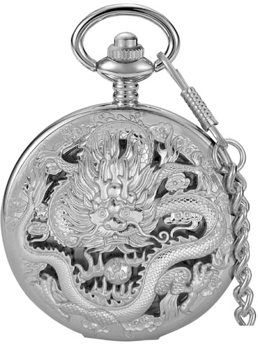 Alwesam Dragon 3D Pattern Design Quartz Pocket Watch with Chain Best Gifts for Men Women(silver-17)