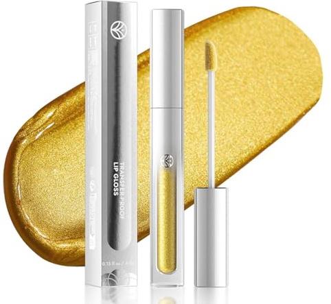 EONFAVE Lippenstift Gold, Glitter Lip Gloss, Diamond Shine Goldener Lippenstift, Shimmer Lipstick für Frauen Mädchen, Langanhaltend Wasserfester, Schimmernde, Non-Sticky, Holographic Glitter(Gold)