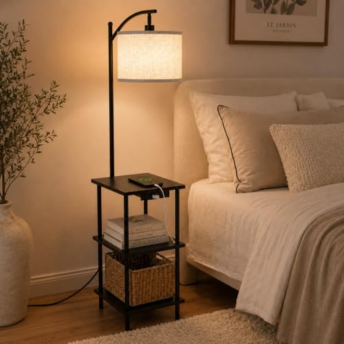 LuminexDesigns Vintage Stehlampe mit Regal, Holz Stehleuchte mit Ladestation, Walnuss Retro mit 3-Ebenen Stauraum, Schwenkbar für Wohnzimmer, Schlafzimmer, Ecke, Arbeitszimmer WOVI FL04