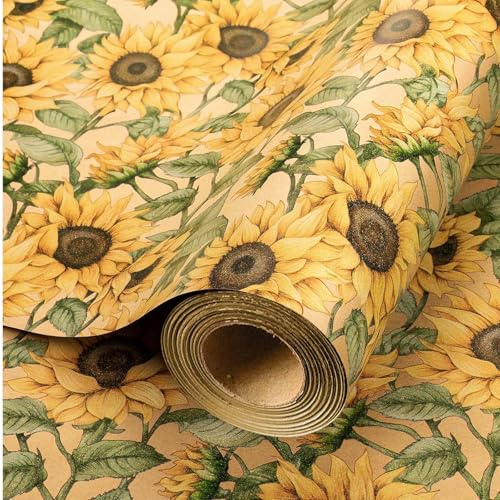 Wikadlik Sunflower Kraft Wrapping Paper, 43cm x 10m Mini Roll Floral Gift Wrap for Wedding, Valentines Day, Bridal, Mothers Day, DIY Bouquet, Crafts