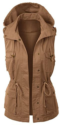 Cargo Weste Damen Ärmellos - Weste Outdoor Kapuze Sweatjacke Grosse Grössen Damenweste Casual Safari-Weste mit Kordelzug Einfarbig Slim Fit Übergangsweste Leichte Hoodie Anglerweste Outdoorweste