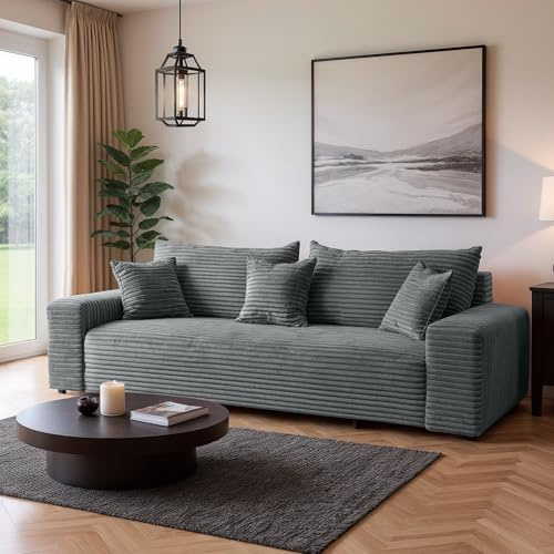 SOFILAND Cordo Schlafsofa 265×150 cm mit Bettkasten – Cord Sofa TILIA Breitcord, SoftTouch Komfort, Nosag-Federung, abnehmbare Kissen, Easy Clean & Pet Friendly (Grau)