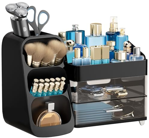 hblife Organizador de Maquillaje, Organizador de Maquillaje con cajones, Porta Pinceles Make Up, Caja cosmética de plástico 3 en 1, Caja de Almacenamiento de Maquillaje Amarilla