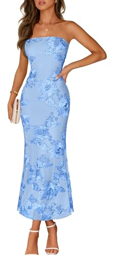 MEROKEETY Women's Summer Floral Wedding Guest Cocktail Maxi Dress, Blue, M