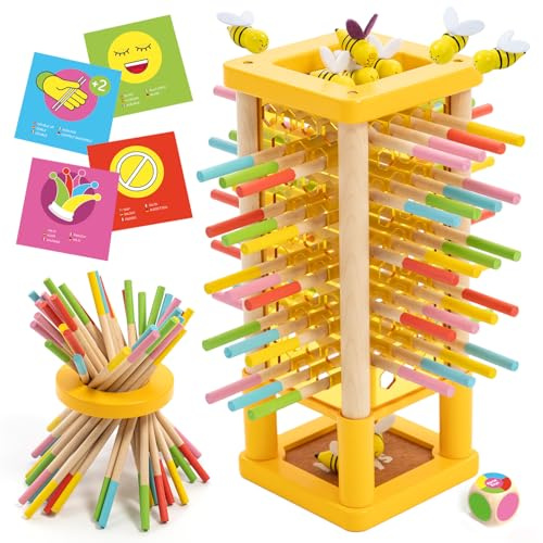 Nene Toys BEEFALL Jeu de Société Enfant 3 Ans – Tour d’Équilibre Abeilles en Bois FSC 4-en-1 avec Dé, Cartes d’Action & Anneau Rainbow Sticks – Jouet Montessori Motricité Fine, Jeu Famille