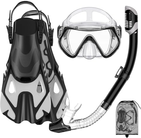 Snorkeling Gear Set for Adults – Dry Top Snorkel Set, Panoramic Anti-Fog Mask, Adjustable Swim Fins – Travel Diving Kit with Storage Bag