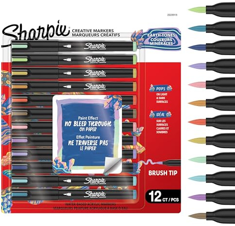 Sharpie Creative Marker Acrylic Paint Pens | Earth Tones | Water-Based Paint Markers | No-Bleed Ink Writes on Most Surfaces | Brush Tip | Crafting & Art Supplies | Assorted Colours | 12 Count