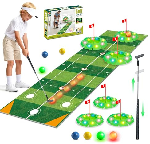 VATOS Ensemble de jouets de golf pour enfants – Jeu de golf lumineux avec tapis de golf de 2 m, putter de golf, 3 trous, 4 balles (2 balles lumineuses), jeu de glofer familial pour intérieur et