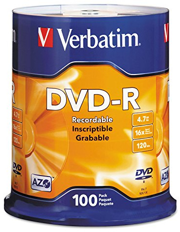 Verbatim 95102 DVD-R Discs, 4.7GB, 16x, Spindle, Silver, 100/Pack