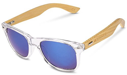 Navaris Gafas de sol UV400 - Gafas de madera para hombre y mujer - Gafas de sol con patillas de madera - Transparente y azul