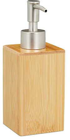 Relaxdays Seifenspender, nachfüllbar, Pumpspender, Bambus & Kunststoff, 200 ml, Flüssigseifenspender, Bad, natur/silber, 1 Stück