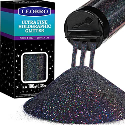 180 g holografischer ultrafeiner Glitzer, 1/128 Zoll Harz-Glitzerpulver Pailletten Flocken, Haar Gesicht Körper Nagel LEOBRO Metallic Schillernd für Tumbler Kunst Handwerk, Schwarz