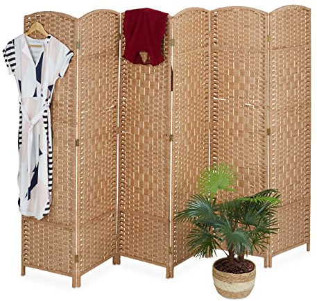 Relaxdays Paravento a 6 Pannelli, Separè Pieghevole, 170x241 cm, Divisorio per Interni, Corda di Carta, Marrone Chiaro, Legno