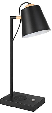 EGLO LED Tischlampe Lacey, Nachttischlampe mit QI-Ladefunktion, Tischleuchte Touch dimmbar aus Holz in Natur, Metall in Schwarz und Creme, Schlafzimmer Tisch Lampe, warmweiß