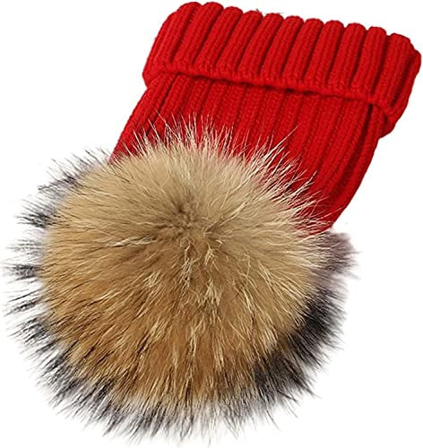 ANZII Gorro de piel auténtica para mujer con pompón, gorro de invierno, rojo, Talla única