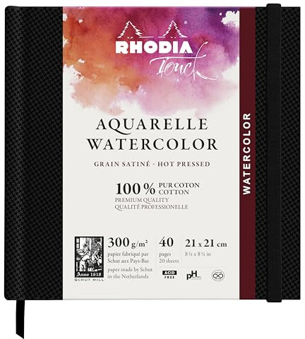Rhodia 116161C - Rhodia Touch Watercolor Book, 100% cotton satin grain paper 300g - 21x21 cm, 40 pages sewn, stiff edged brochure, Black