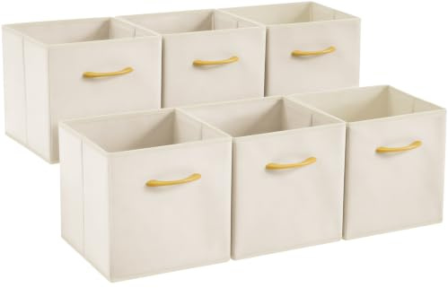 Collapsible Fabric Storage Cubes, Pack of 6 Foldable Boxes with Handles | Beige 33 x 38 x 33 cm | Non-Woven Fabric | Open-Top Cube Shelf Baskets For Wardrobes, Toys, Clothes & Nursery