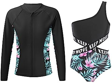 Mufeng Maillot de Bain Fille Deux pièce Maillot de Bain avec T Shirt Protection Solaire Enfant Ensemble de Natation Fille 5-16 Ans Fermeture Éclair Lys 7-8 Ans