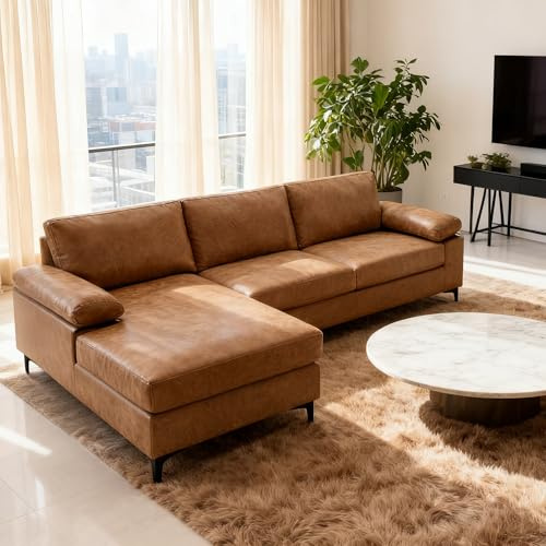VANOMi Faux Leather Couch for Living Room, 100 Sofas & Couches with Convertible Chaise 3-Seater Sectional Sofas for Living Room, Apartment, Office, Brown