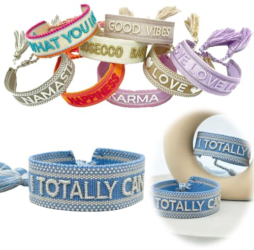 LS-LebenStil Exklusives Statement Armband - das Original - I Totally Can Blau Silber 16-20cm Quasten besticktes Boho Canvas Webarmband Damen Freundschaftsarmband Geschenk gewebt textil Stoffarmband