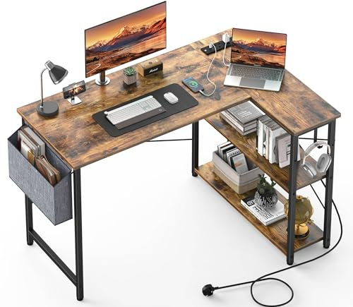 Yornoli L Shaped Computer Desk with Power Outlet, 118CM Corner Office Desk for Small Spaces with Storage Shelves, Study Work Writing Table for Home Office Bedroom, Rustic Brown