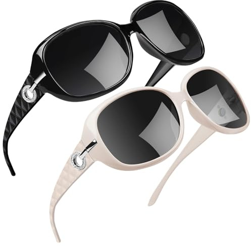 Joopin 2 Pack Gafas de Sol Mujer Nergas y Beige Grandes Brillantes Modernas Polarizadas Protección UV400 para Conducir Viajes Playa Verano