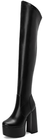 Platform Stretch Thigh High Overknee Boots for Women - Wide Calf, Round Toe, Block High Heels, Party Dressy, Zipper, Leather Black Size 43
