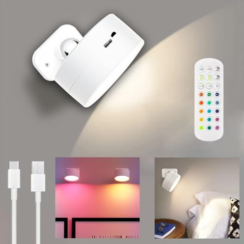 Battery Operated Wall Light, Bedside LED Wall Light with 16 RGB, Magnetic Wall Sconce with Touch & Remote Control, 360° Rotatable Reading Light, Dimmable Light for Bedroom, Bedside Lamp(White)