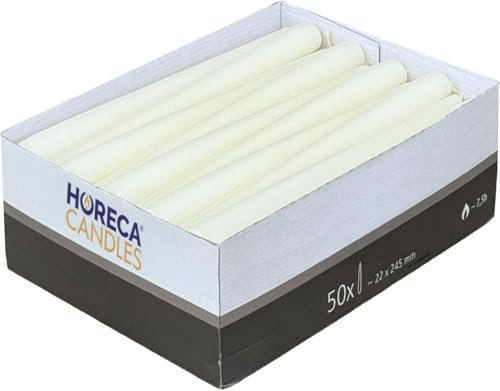 Horeca Candles - Candele Coniche - Avorio - Ø 23 x 245 mm - Set da 50 Candele per Candeliere - Durata 7,5 Ore - Inodore, Senza Gocciolamento e Fumo