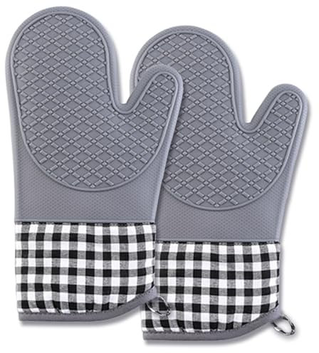 Blesgam Ofenhandschuhe Hitzebestaendig 300°, Topfhandschuhe Silikon Backofen Handschuhe 2er Set, Backhandschuhe Kochhandschuhe zum Kochen Backen Grillen- Grau