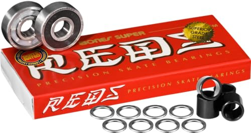 Bones Super Reds - Cuscinetti per skateboard, confezione da 8 pezzi, con distanziatori e rondelle