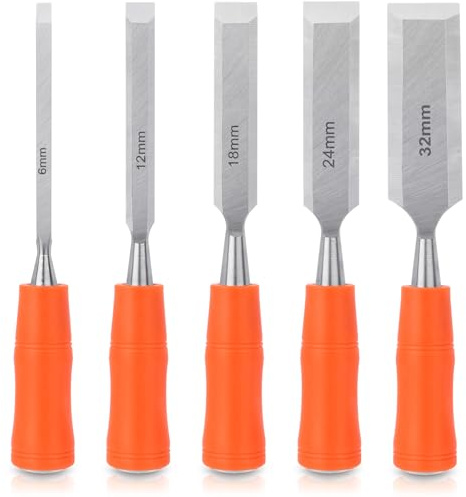 5 Piece Wood Chisel Sets Woodworking Tools Set, Wood Chisels for Woodworking with Steel Hammer End, Wood Tools Chisel Set Woodworking with Ergonomic Plastic Handle, 6mm, 12mm, 18mm, 24mm, 32mm